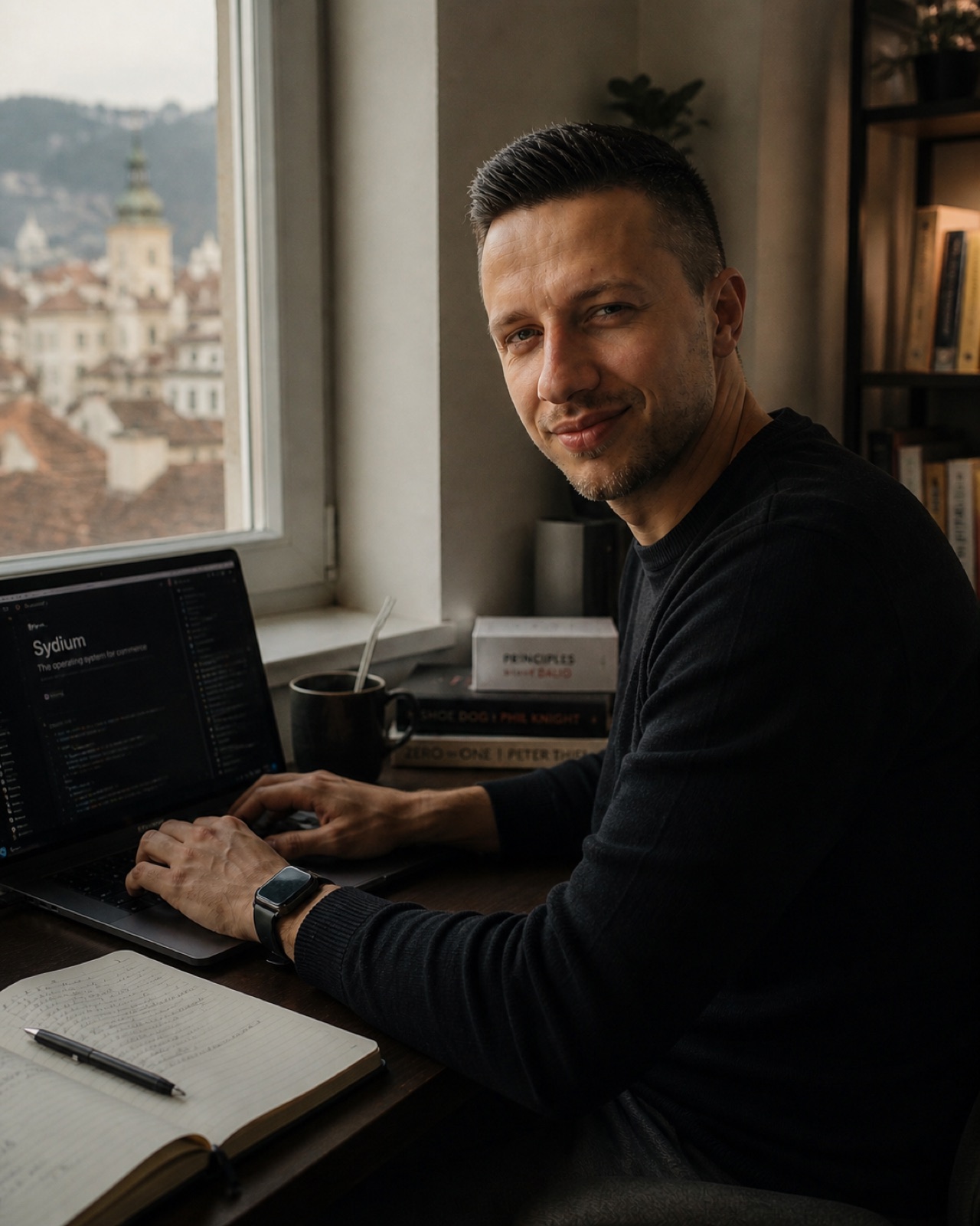 Dan Pralea at his desk in Brasov