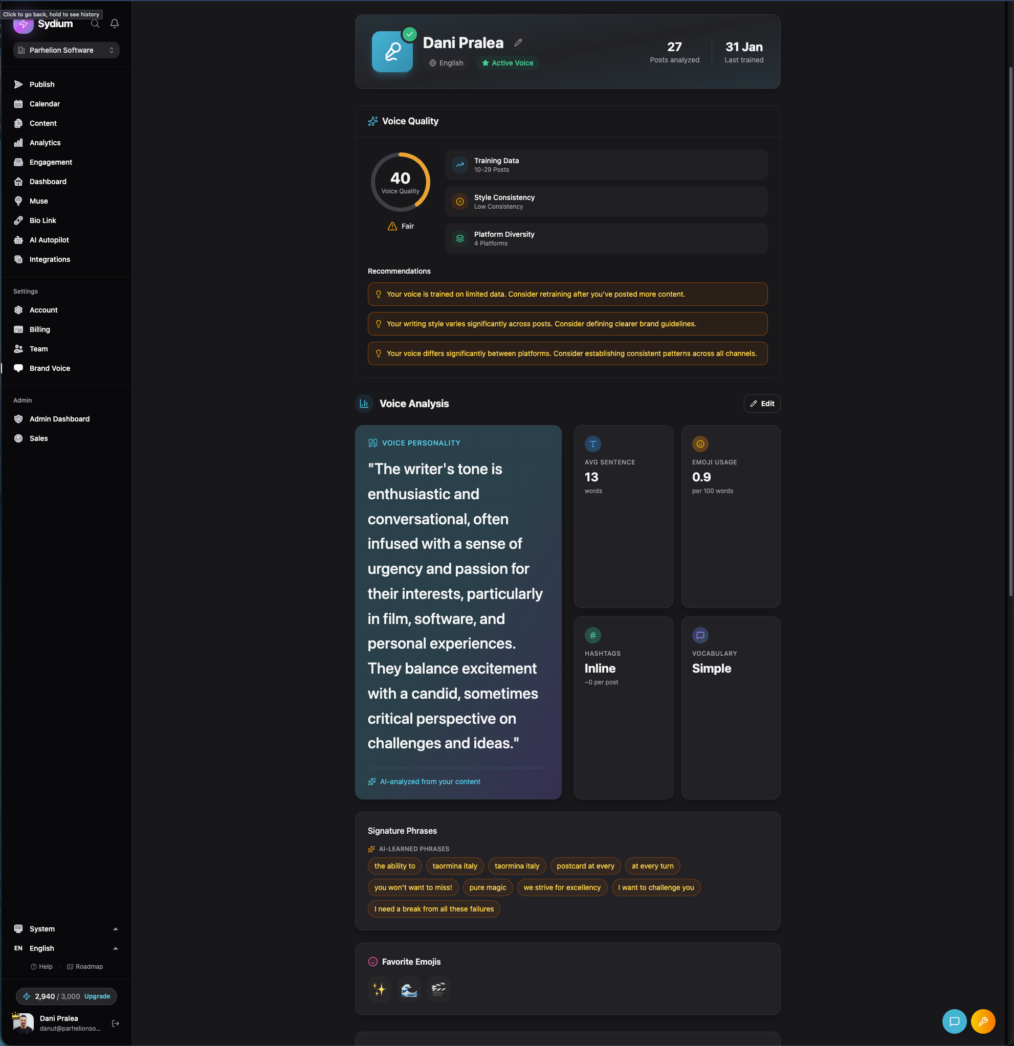 Sydium Brand Voice profile showing voice analysis, personality traits, and signature phrases