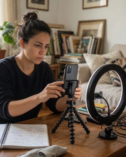Eine Creatorin baut Handy und Ringlicht im Wohnzimmer auf