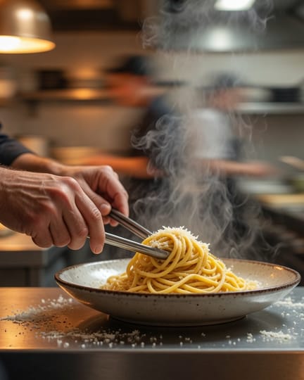 Ein Koch richtet frische Pasta in einer Restaurantküche an