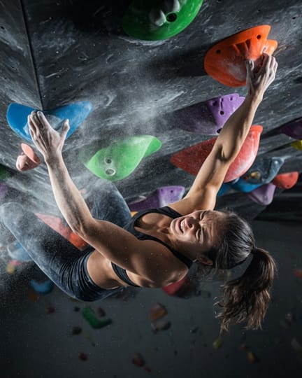 Eine Kletterin mitten in einem Zug an einer überhängenden Boulderwand