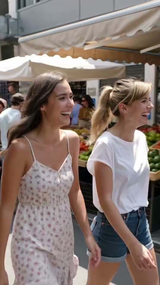 Zwei Freundinnen gehen über einen sonnigen Markt