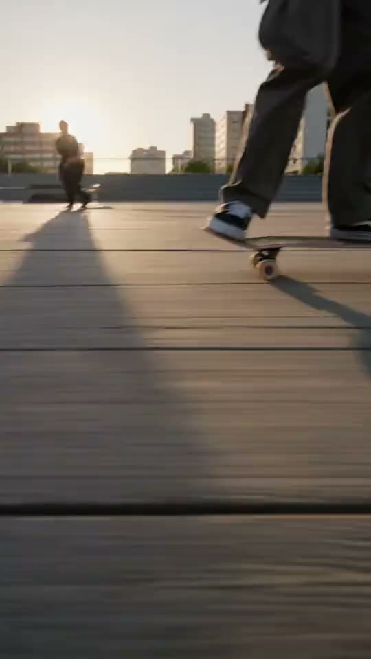 Ein Skater mitten im Trick auf einem Platz zur goldenen Stunde