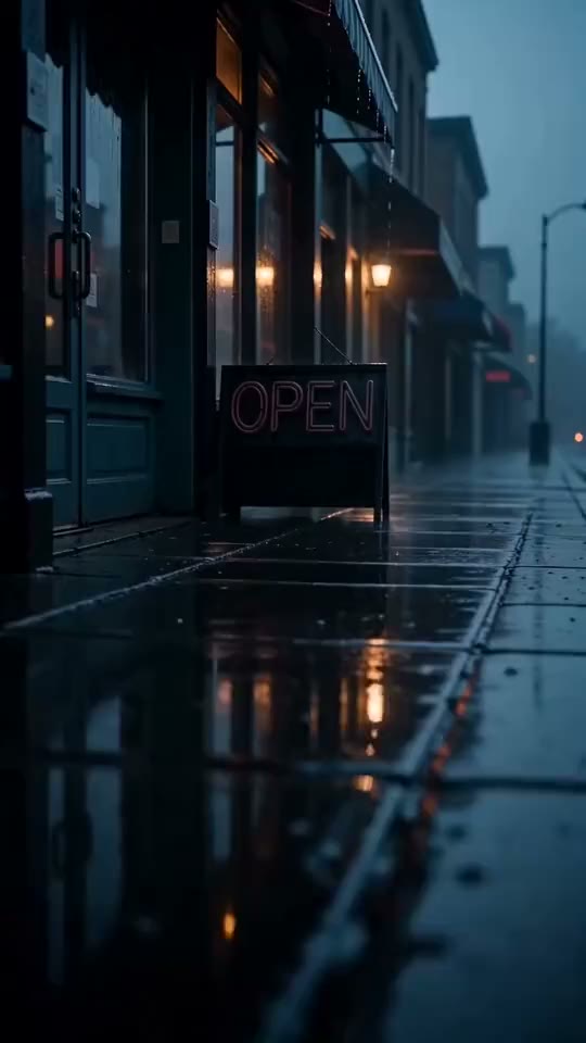 Ein leuchtendes OPEN-Schild auf einer nassen Straße in der Dämmerung