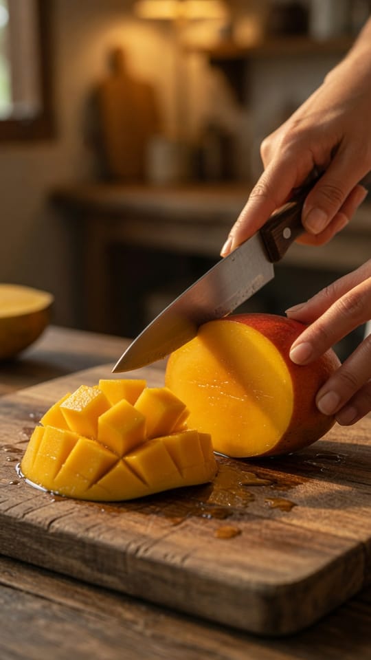 Ein Karussell-Beitrag, in dem eine Mango aufgeschnitten wird